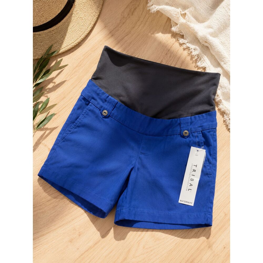 NWT Tribal Maternity Shorts Size 6 Blue Full Panel Stretch Pregnancy Shorts